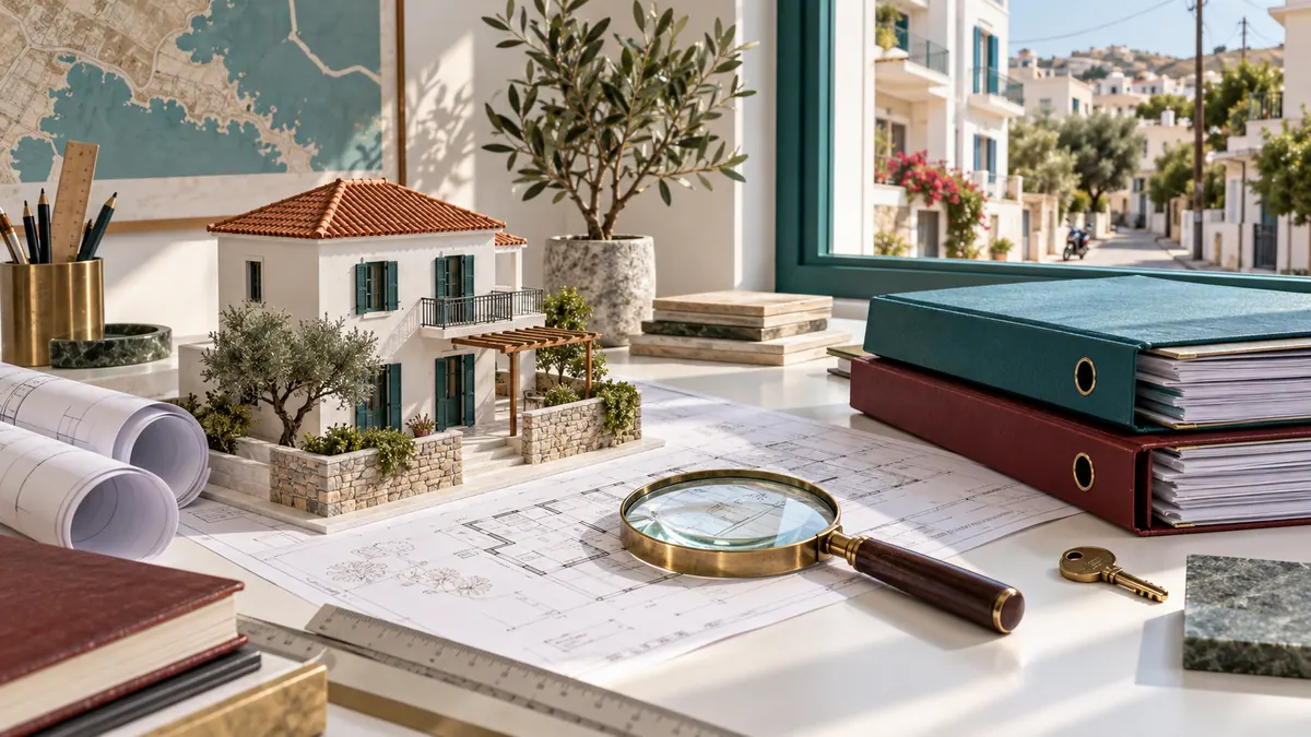 Illustration of a Greek house model, plans, title folders and a magnifying glass for property due diligence.