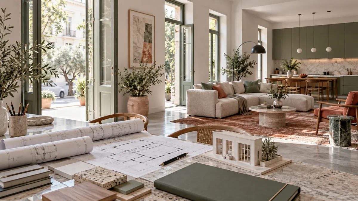 Illustration of a commercial space converted into a residence, with planning drawings and title documents.