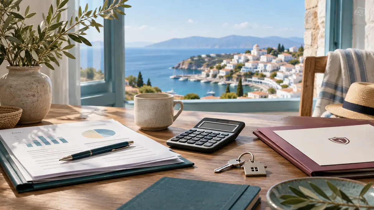 Illustration of an income file, calculator, insurance folder and house key beside a Greek seaside view.