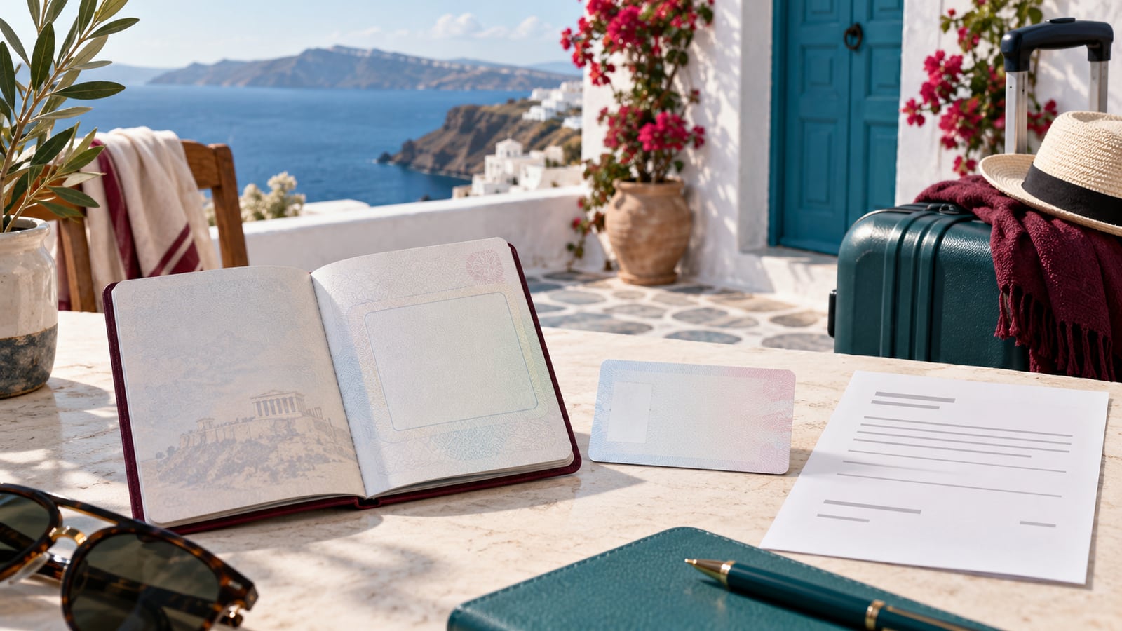 Illustration distinguishing a national visa page, a residence permit card and an application receipt.