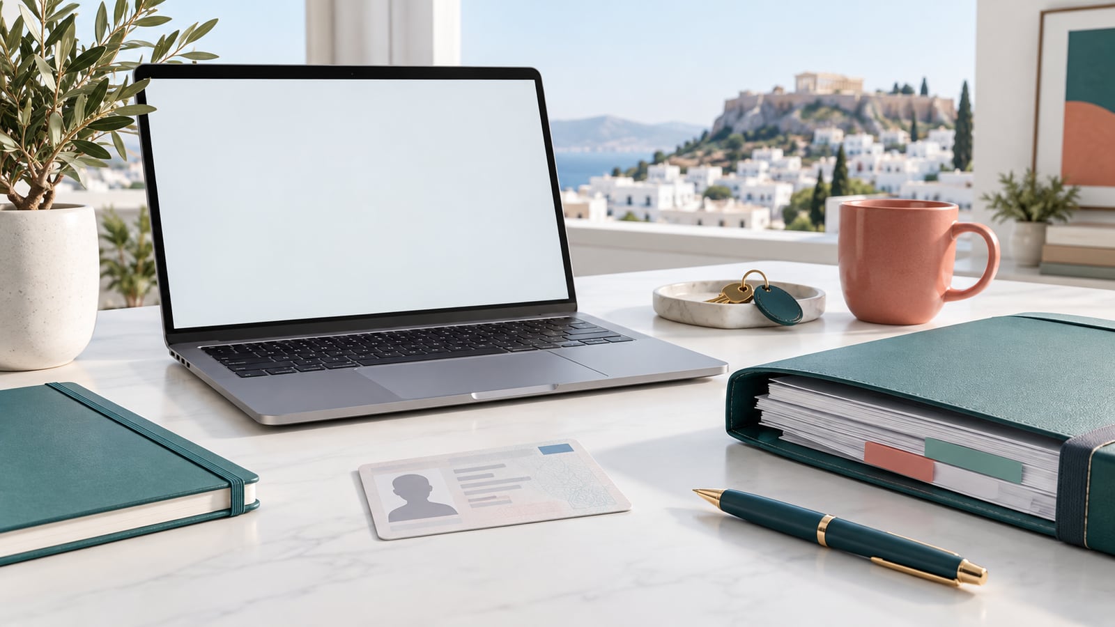 Illustration of an identity document, registration folder and laptop for a non-resident Greek tax-number application.
