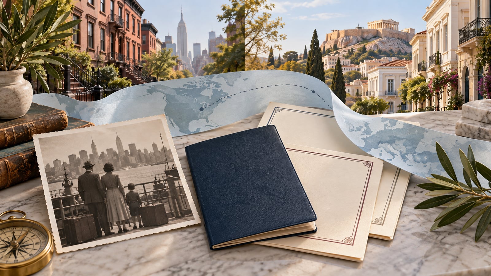 Illustrative montage of American family records and travel documents with New York and Athens architecture.