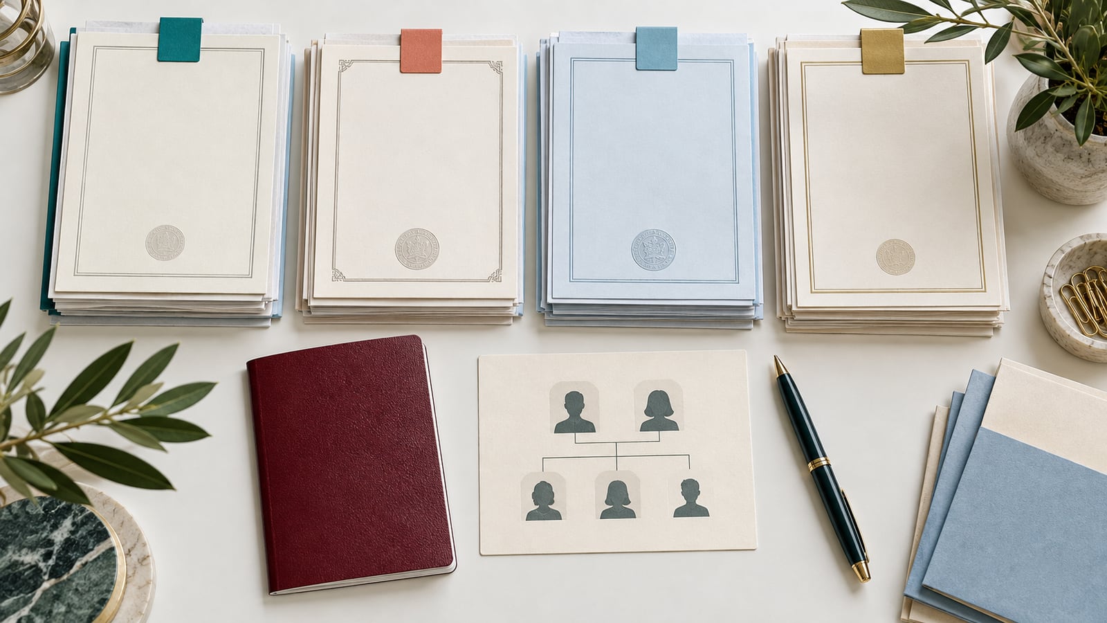 Illustration of a neatly organised citizenship document bundle with coloured tabs, a checklist and an unbranded travel booklet.