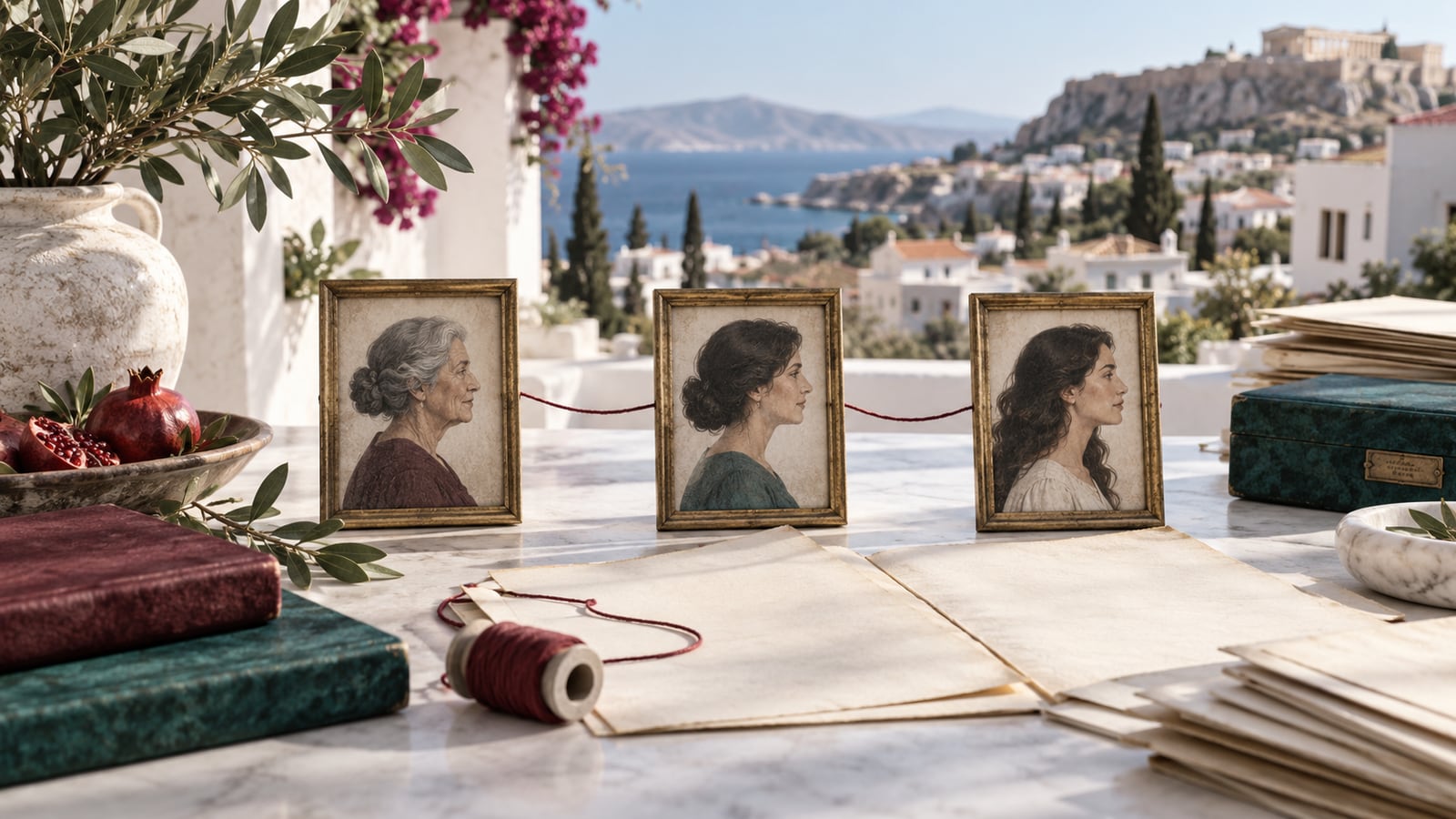 Illustration of a grandmother, mother and daughter connected through family photographs and archival records.