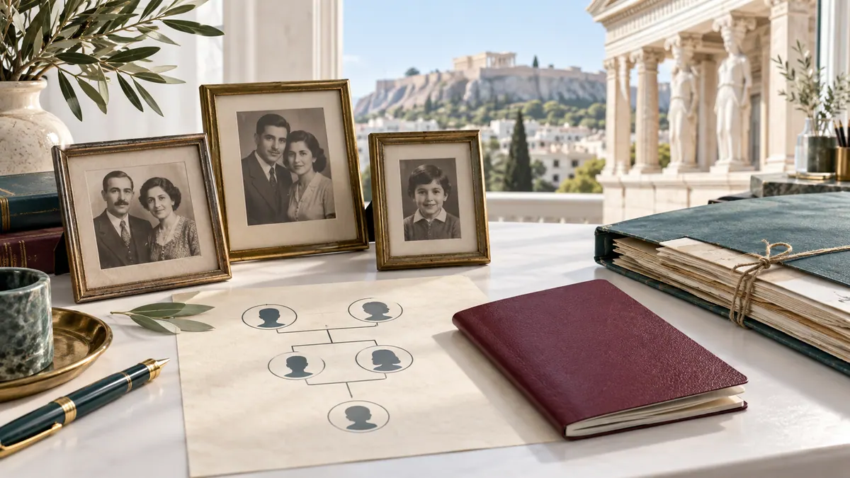 Illustration of three generations of family photographs, a family tree and an archival folder for Greek citizenship research.