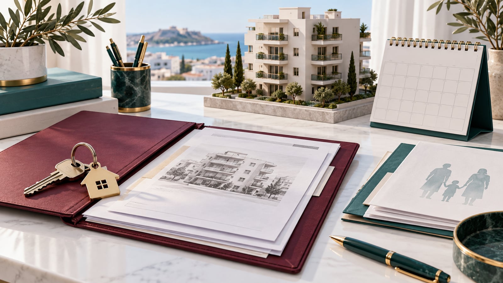Illustration of property ownership documents, keys, a renewal calendar and family records.