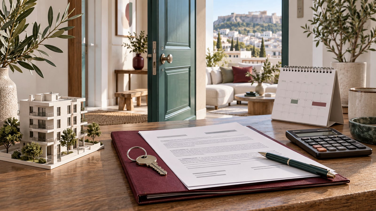 Illustration of an apartment key, residential lease file and calendar for reviewing Golden Visa property use.