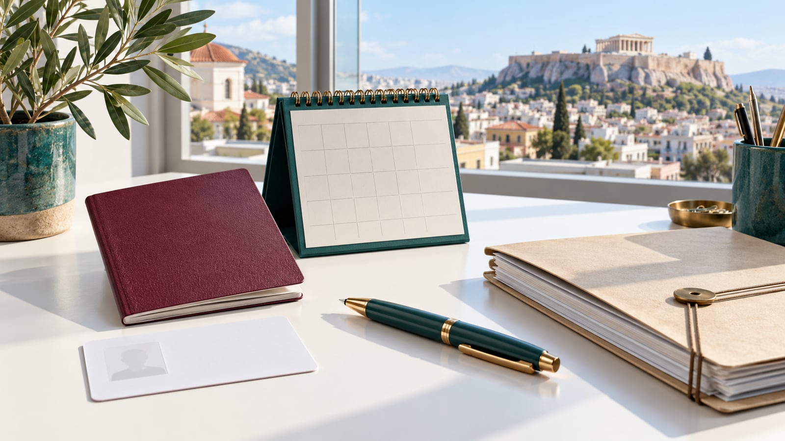 Illustration of a travel booklet, identity card, municipal records and an appointment calendar.