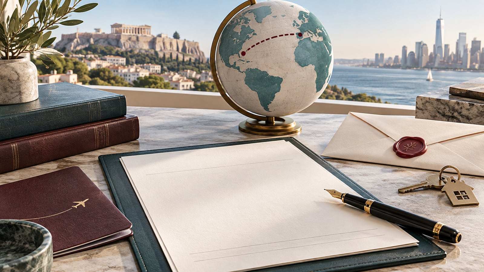 Illustration of a notarial document, travel booklet, envelope and key for arranging representation from abroad.