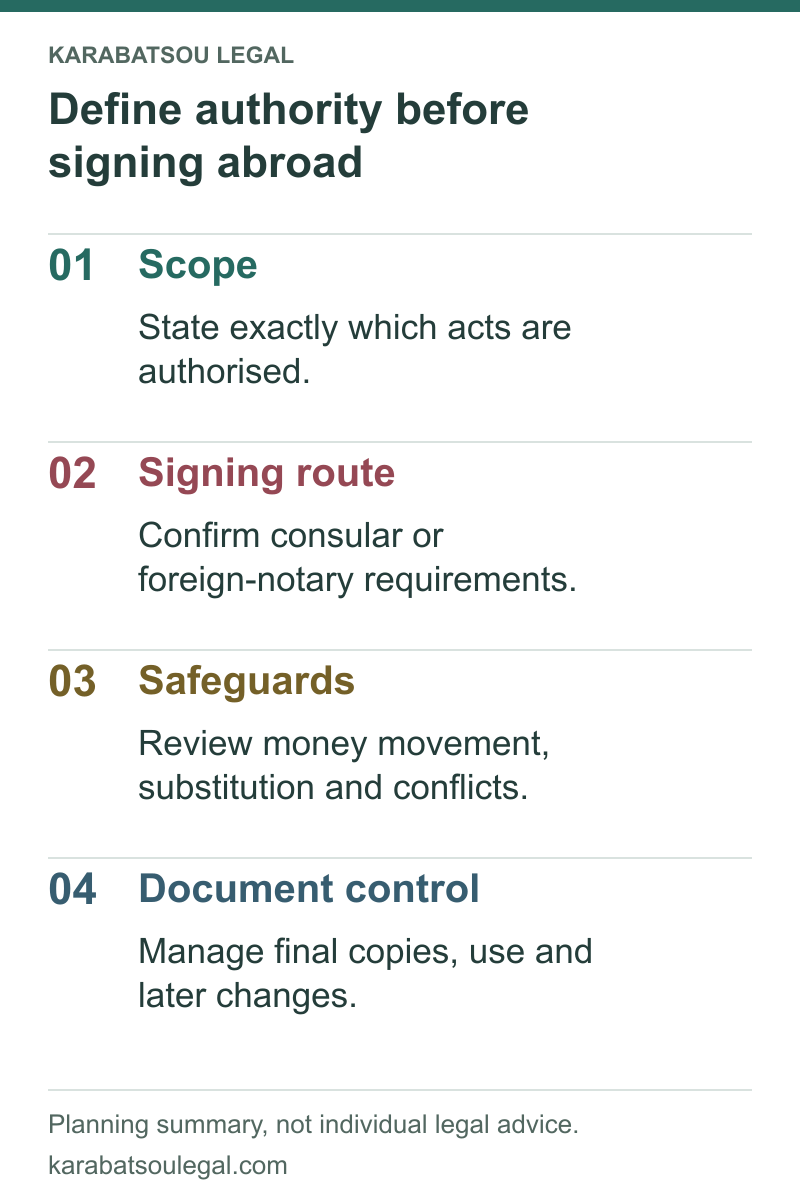 Define authority before signing abroad: Scope; Signing route; Safeguards; Document control.