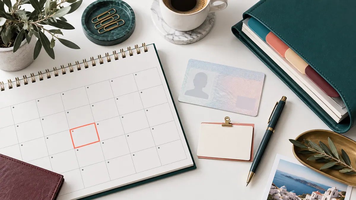 Illustration of a renewal calendar, permit card and organised supporting documents.