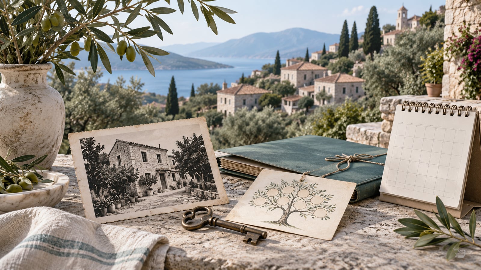 Illustration of a Greek family home photograph, inherited key, family records and a deadline calendar.