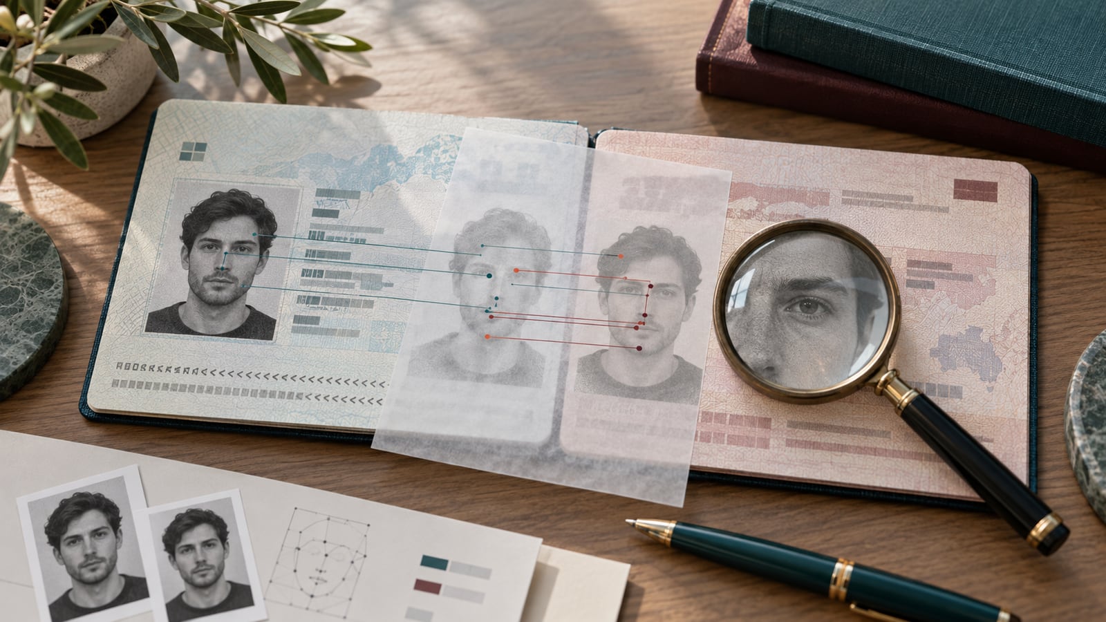 Illustration of two identity records being compared with a magnifying glass and an evidence-matching sheet.