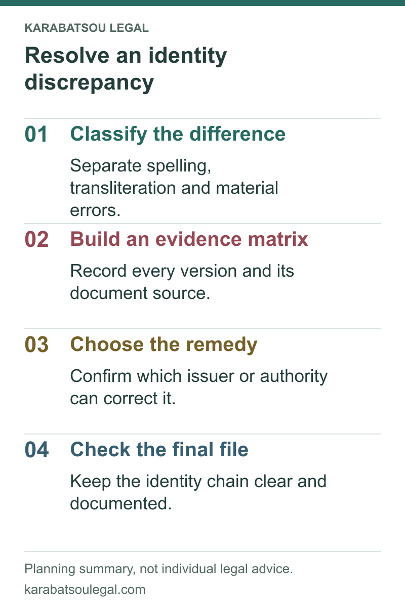 Resolve an identity discrepancy: Classify the difference; Build an evidence matrix; Choose the remedy; Check the final file.