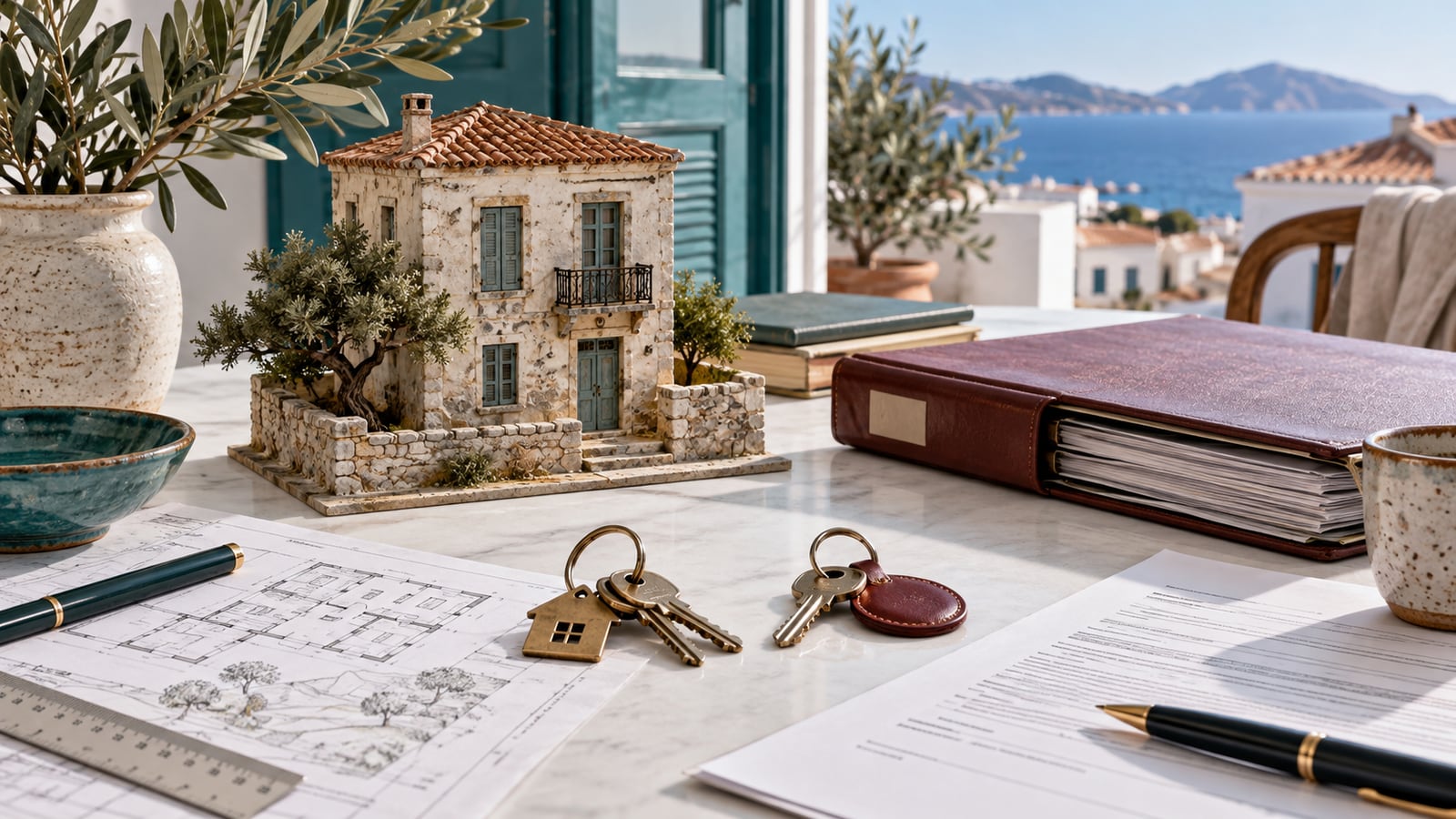 Illustration of a Greek house, co-heirs' keys, title documents and engineering plans prepared for sale.